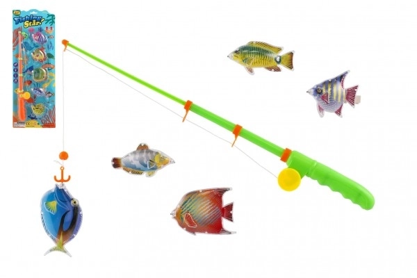 Jeu de pêcheurs/poissons magnétique plastique 5pcs+canne plastique 39cm 2 couleurs sur carte