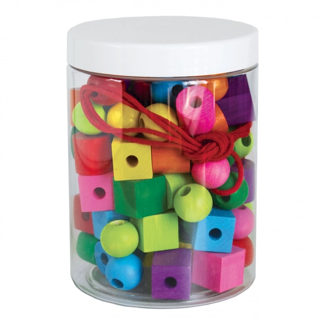 Maxi perles en bois colorées avec cordelette 92 pièces dans boîte en plastique 10x14cm