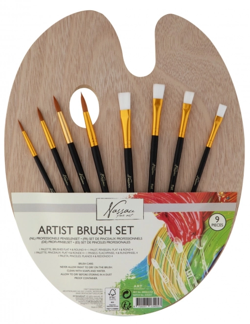 Palette de peinture en bois avec 4 pinceaux plats/ronds