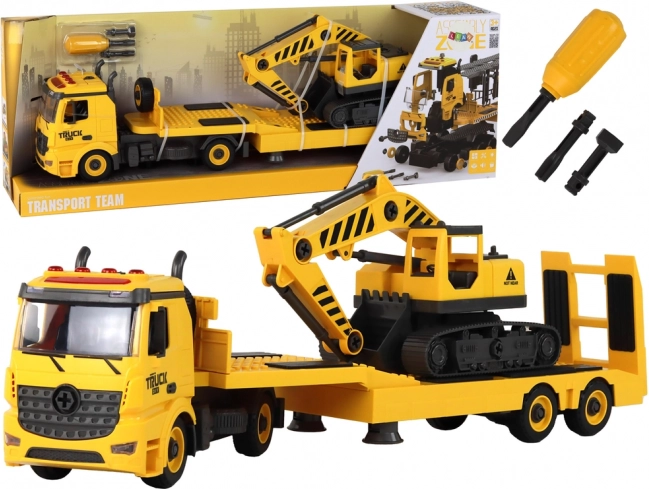 Camion de remorquage pliable avec excavatrice à chenilles avec lumières et sons – set DIY jaune