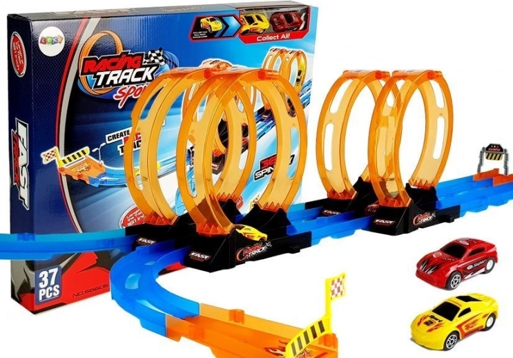 Piste de course avec 4 loopings, 2 petites voitures, longueur 181 cm