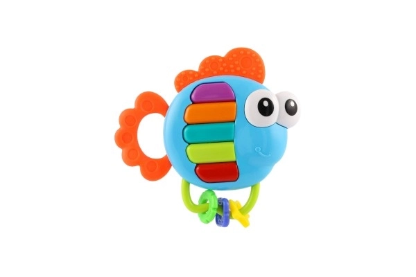 Hochet/mordeur poisson piano plastique 14x14cm à piles avec son, lumière sur carte 3m+