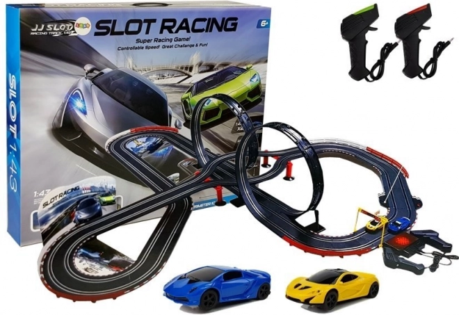 Piste de course géante avec double looping 1:43 avec éclairage, longueur 1020 cm