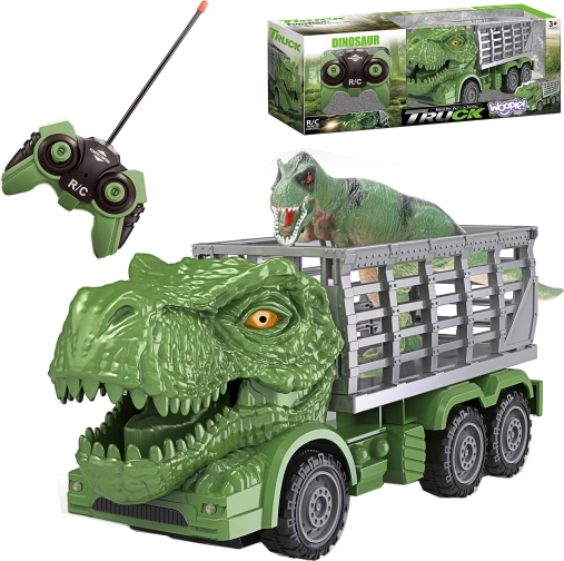 Camion RC dinosaure avec T‑rex vert et figurine WOOPIE