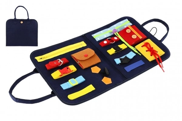 Trousse éducative en feutre fermeture et ouverture de fermetures éclair et de boutons dans un sac 24x27x4cm