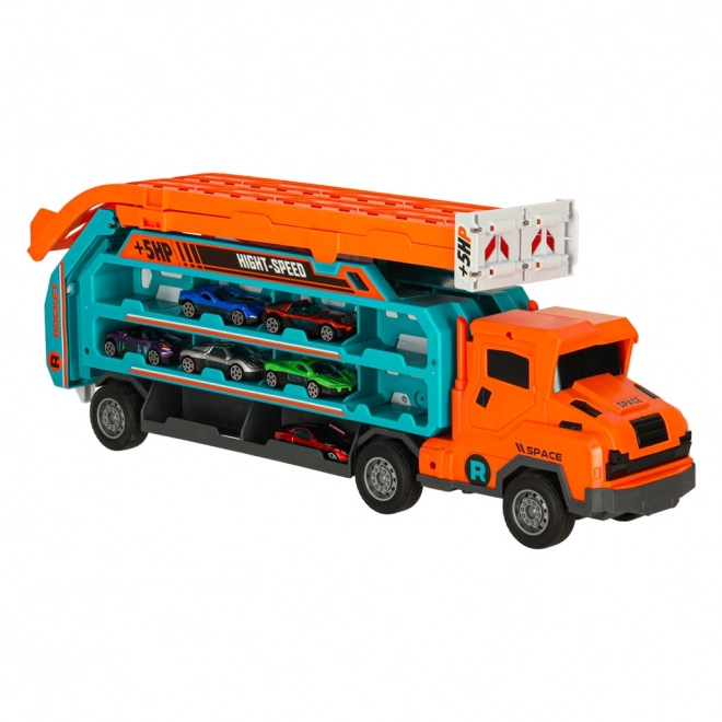 Circuit de course avec dépanneuse et transporteur 6 pièces - orange