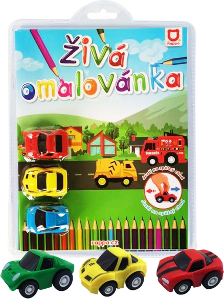 Livre de coloriage vivant – voitures de course, set de 3 petites voitures à rétrofriction
