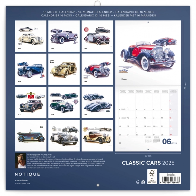 Calendrier de notes Classic Cars – Václav Zapadlík, 2025, 30 x 30 cm