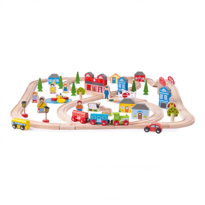 Bigjigs Rail Circuit de train en bois ville et village 101 pièces