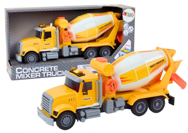 Mélangeur de béton camion jaune avec traction, effets lumineux et sonores