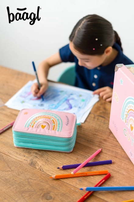 BAAGL Trousse d'école à trois étages Arc-en-ciel rose