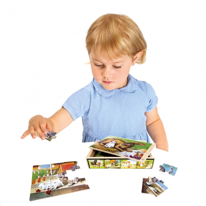 Puzzle en bois d'animaux dans une boîte