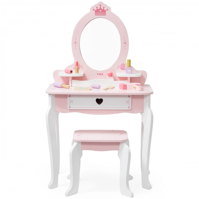 Coiffeuse et tabouret en bois Viga blanc et rose avec miroir