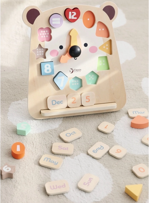 Horloge éducative en bois ourson Classic World 3‑en‑1 pour l’apprentissage de l’heure, du calcul et des dates