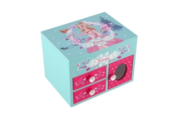 Boîte à bijoux Princess 3 tiroirs avec dessus rabattable et miroir bois 16x12,5x12cm en boîte