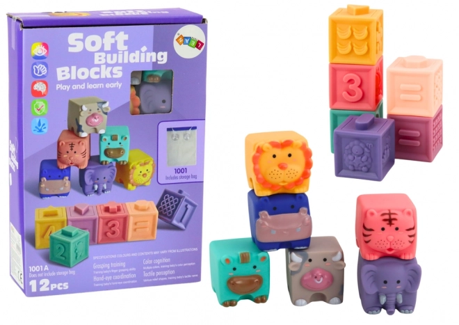 Blocs éducatifs doux animaux chiffres lettres multicolores 12 pcs