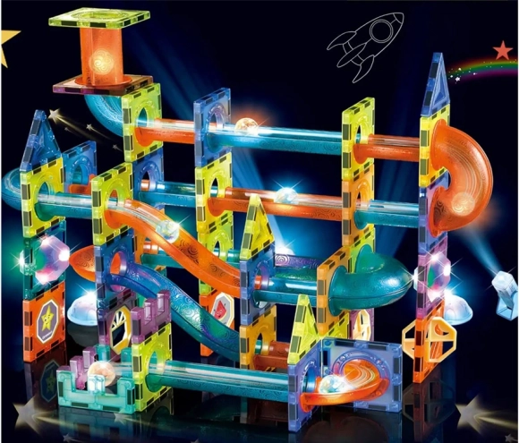 Piste de billes magnétique plastique 110 pièces 16 billes + accessoires à piles dans une boîte 36x28x9cm