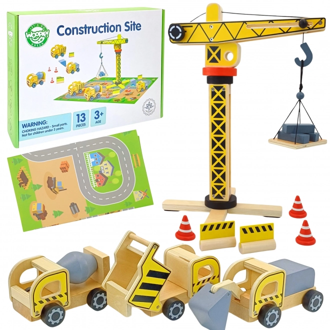 Ensemble de construction en bois 5 en 1 avec grue et véhicules de construction WOOPIE GREEN