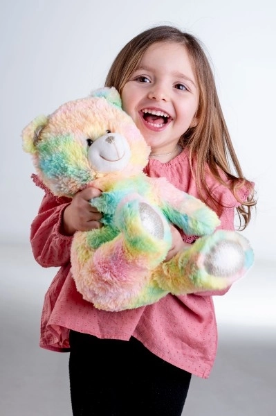 Peluche arc-en-ciel ours rêveur 40cm à piles avec lumière et son en sac