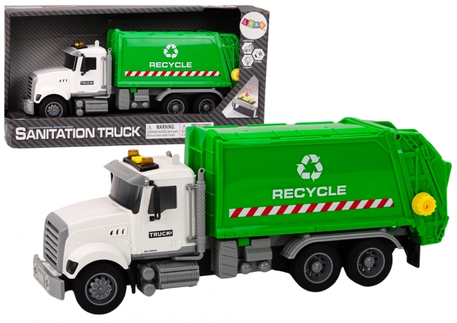 Camion poubelle jouet blanc-vert avec effets de lumière et de son