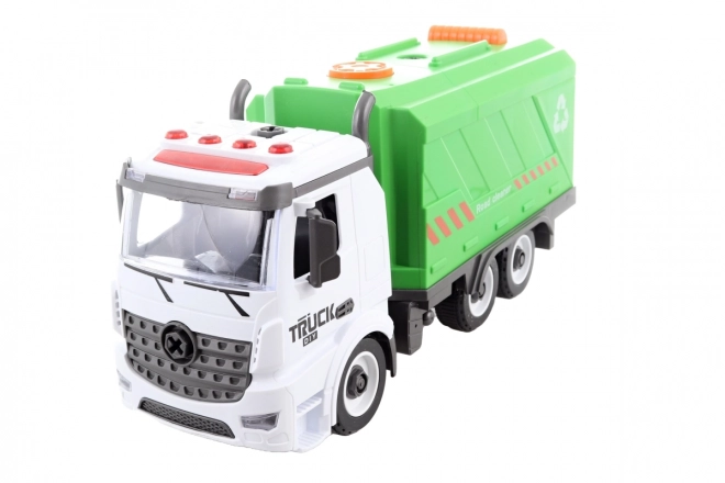 Camion poubelle à visser avec piles et mécanisme à inertie