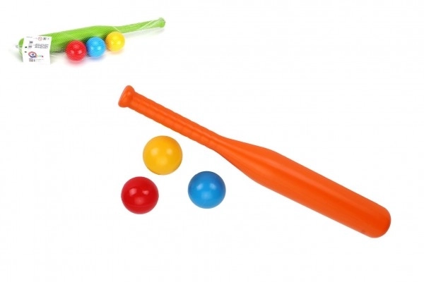 Bat de baseball 50cm + 3 balles en plastique 2 couleurs en filet
