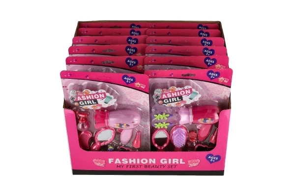 Ensemble de beauté/Petite coiffeuse avec sèche-cheveux et accessoires en plastique 2 types sur carte 18,5x27,5 cm 12pcs en boîte