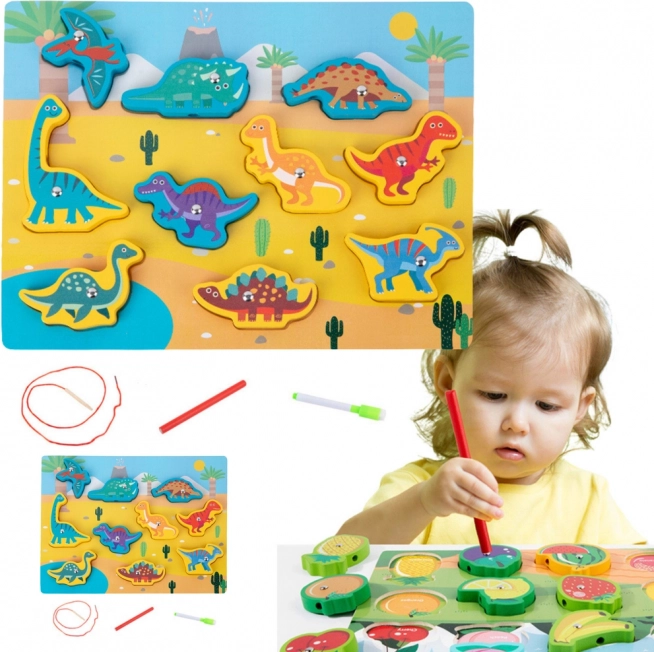 Puzzle en bois avec aimants et ficelle Dinosaures