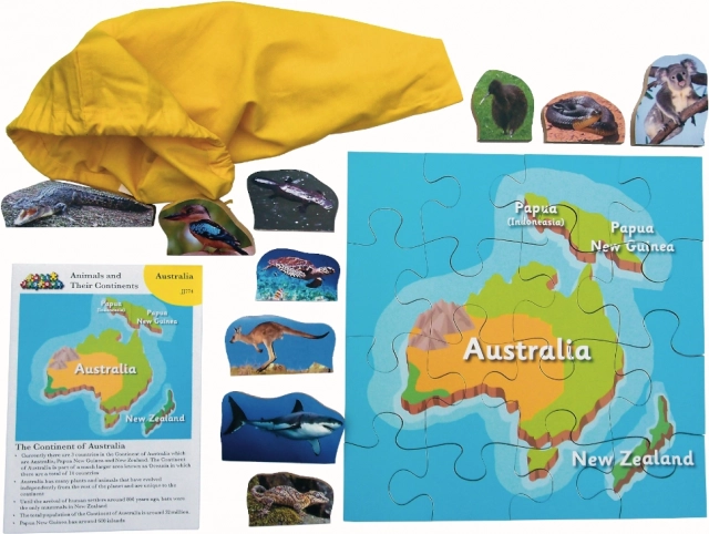 Puzzle en bois Australie et ses animaux, 16 pièces et 10 animaux