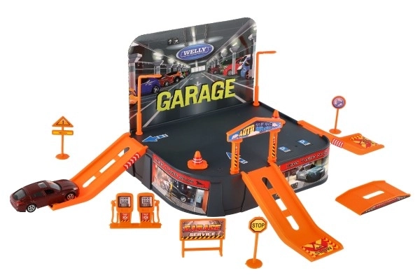 Garage Welly + voiture Welly Porsche métal/plastique dans boîte 21x25x5,5cm