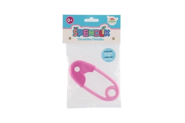 Hochet épingle plastique 12cm rose 12x19cm dans un sachet 0+