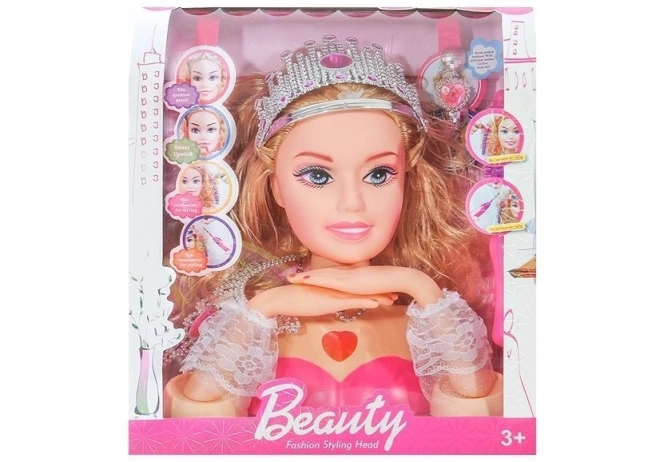 Tête de poupée stylée avec couronne + accessoires