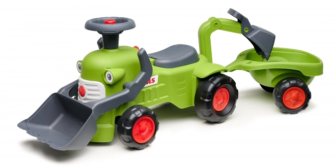 Tracteur roulant Claas avec remorque, chargeur et pelle