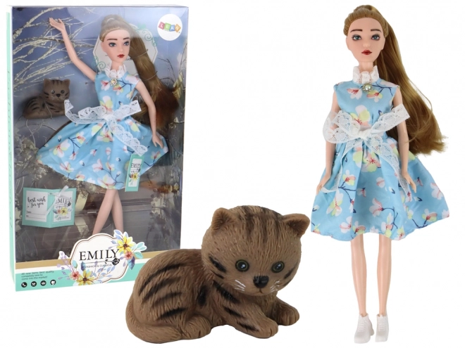 Emily Poupée Bébé Printemps Cheveux Longs Robe Bleue Chat