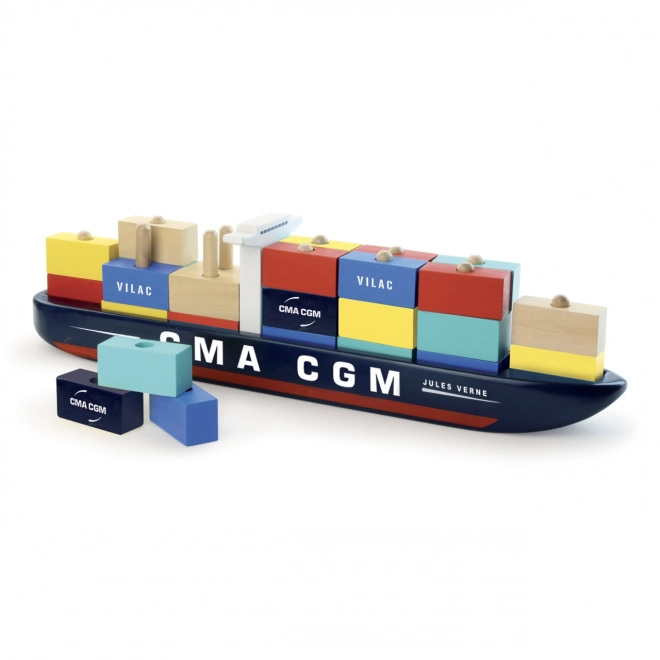 Vilac Puzzle en bois bateau porte-conteneurs CMA CGM Jules Verne