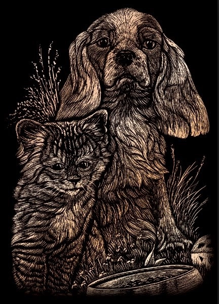 Tableau à gratter cuivre chien et chat