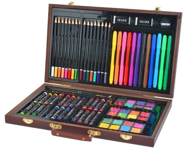Grande boîte d'art en bois pour petits peintres - 81 pièces