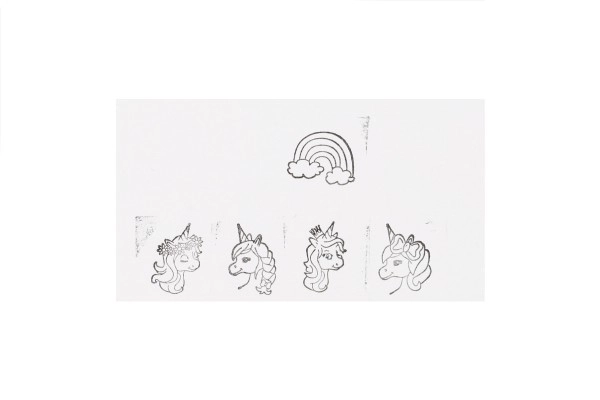 Tampons en bois 5+1 avec coussin 23 licornes 3x3cm sur carte