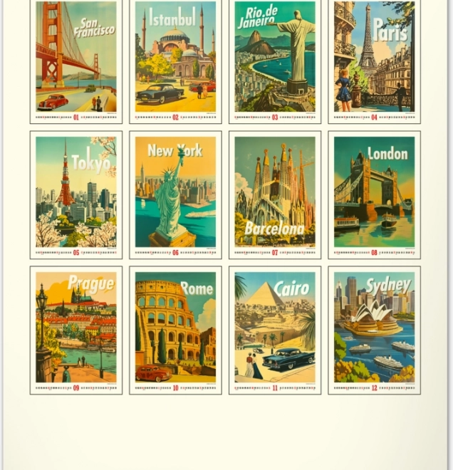 Calendrier mural Vintage affiches – villes dans le monde 2026