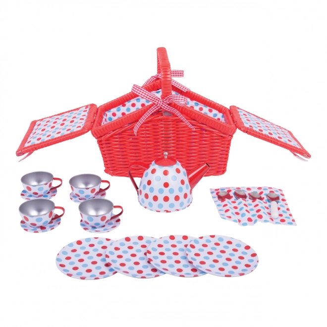 Bigjigs Toys Ensemble à pois pour le thé dans un panier de pique-nique