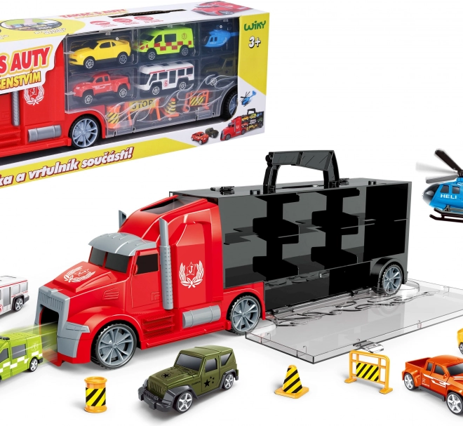 Camion porte-voitures avec petites voitures et hélicoptère 42 cm