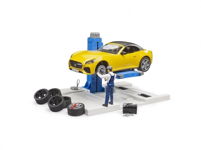 Atelier automobile avec roadster et mécanicien