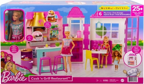 Barbie restaurant – set de jeu avec accessoires et poupée