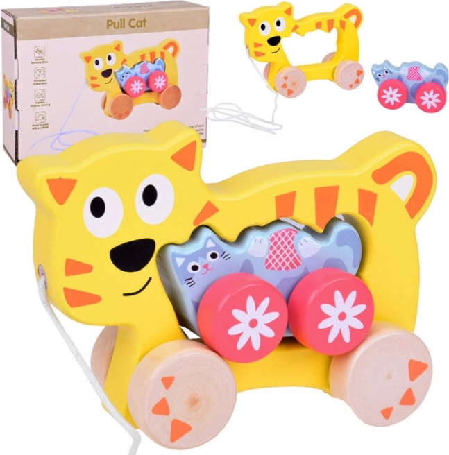 Chaton en bois à tirer 2-en-1 – petite famille sur roulettes