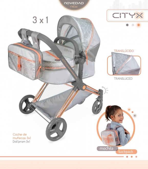 DeCuevas 81777 Poussette pliable pour poupées 3 en 1 avec sac à dos CITY X 2024 - 73 cm