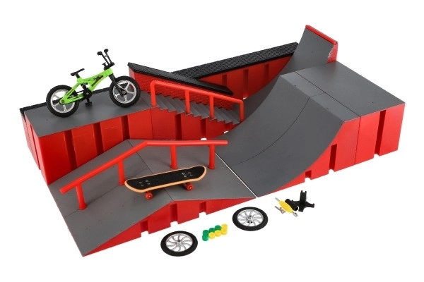 Skatepark - rampe, vélo à doigts, skateboard à doigts en plastique avec accessoires 2 couleurs dans une boîte 43x25x12cm