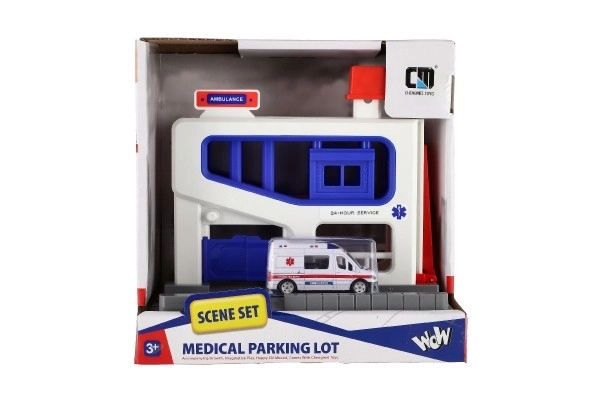 Garage de stationnement avec véhicule ambulance
