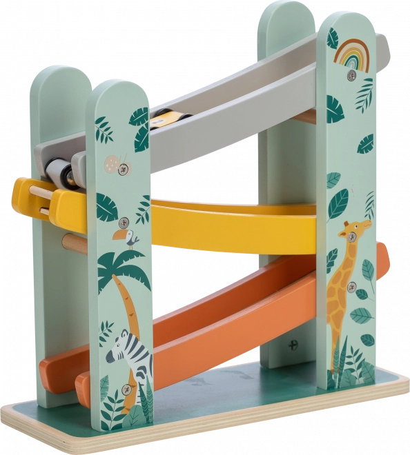 Piste de course en bois avec trois petites voitures en bois