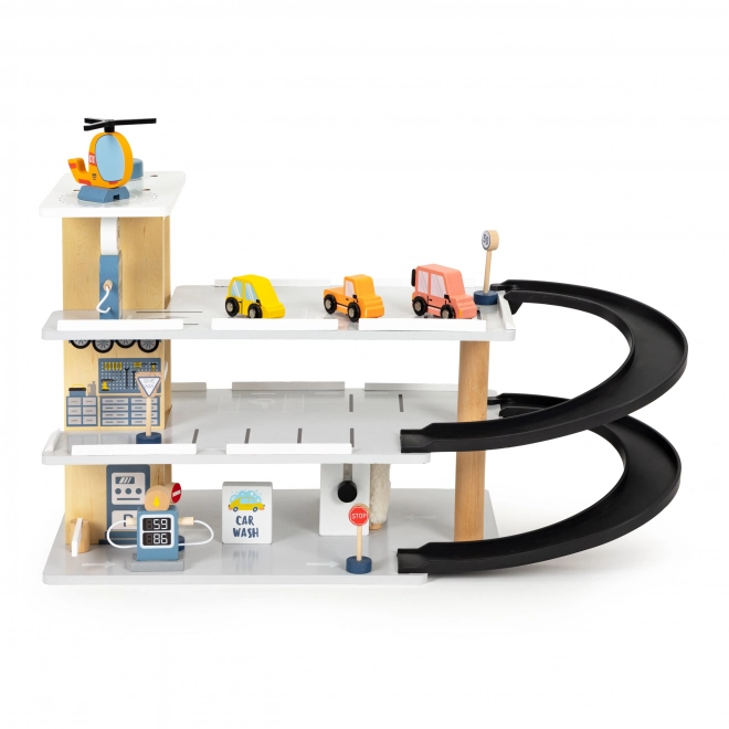 Garage en bois avec ascenseur et petites voitures ECOTOYS