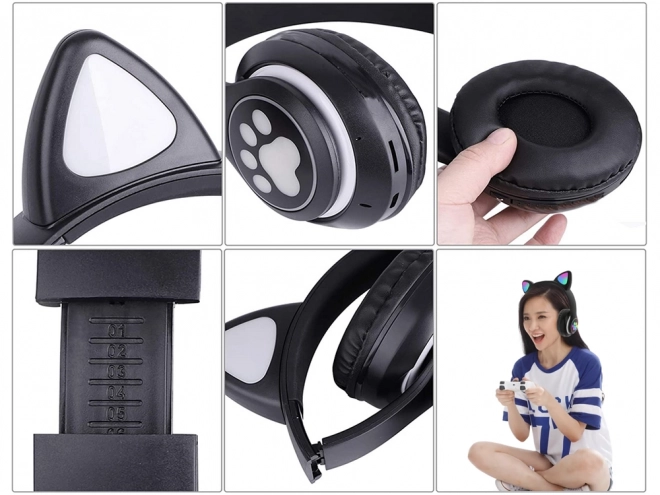 Casque sans fil bluetooth radio fm mp3 oreilles de chat éclairage LED – noir